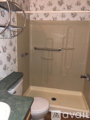 A bathroom with a toilet, sink, and shower.