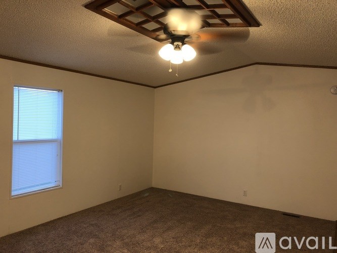 A room with a carpeted floor, a ceiling fan, and a window with blinds.