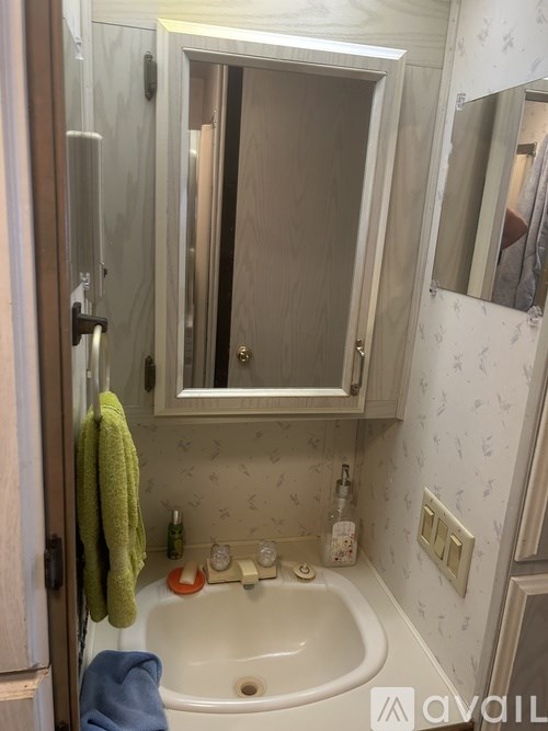 A bathroom with a white sink and a mirror cabinet.