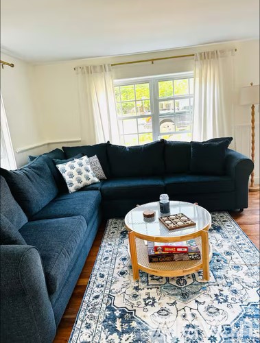 A living room with a blue couch and a coffee table with books on it.