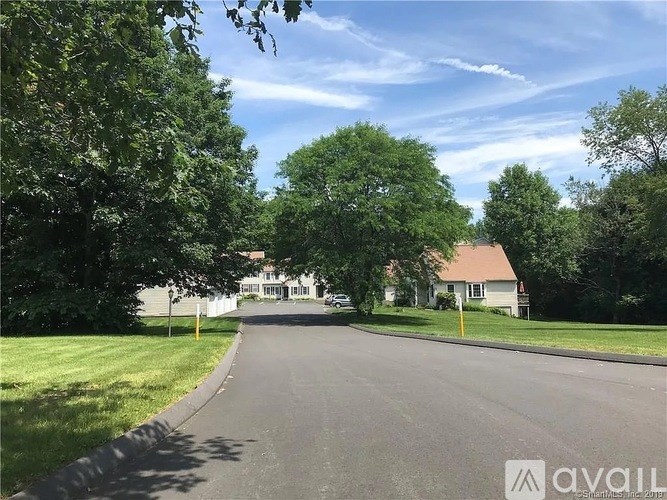 A street view with a house and trees on the side.