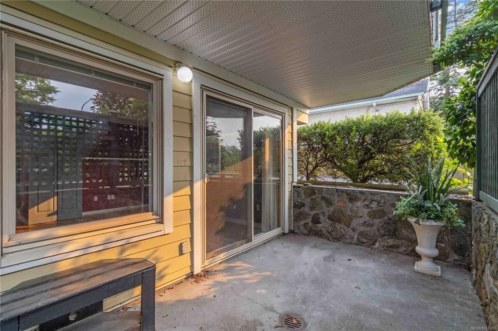 A patio with a bench, a potted plant, and a wall with a window.