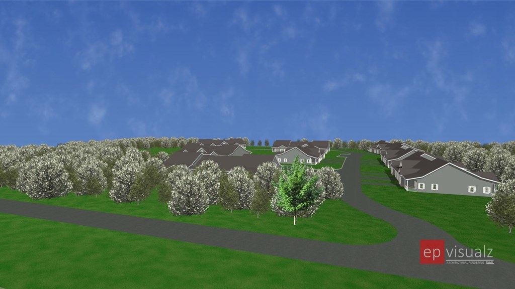 A visualization of a residential area with houses and trees.