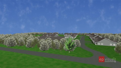 A visualization of a residential area with houses and trees.