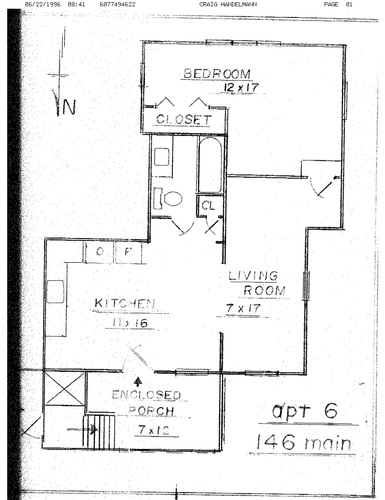 A floor plan of a house with a bedroom, living room, kitchen, and an enclosed porch.