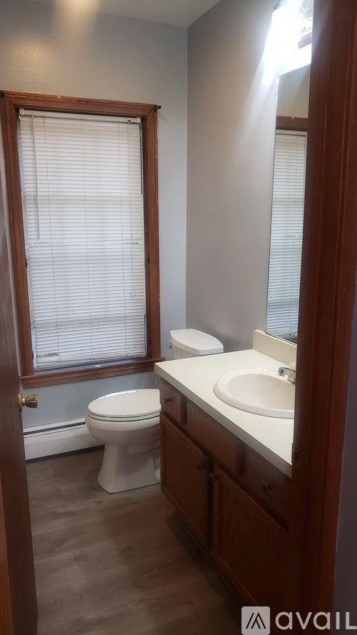 A bathroom with a toilet, sink and a window.