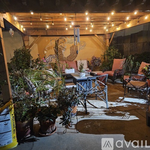 A room with a table and chairs surrounded by plants.