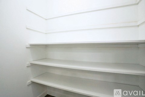 Empty white shelves in a room.