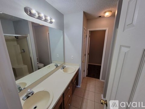 A bathroom with two sinks and a mirror above them.