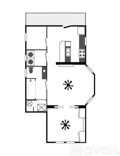 A floor plan of an apartment with a kitchen, living room, and two bedrooms.