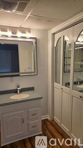 A bathroom with a sink, mirror, and cabinets.