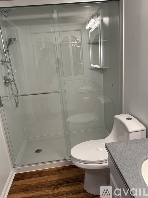 A person is standing in a glass shower stall.