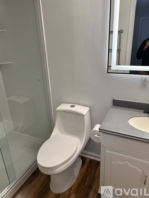 A white toilet in a bathroom with a sink and mirror.