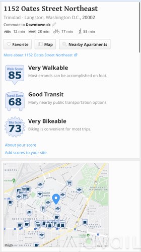 A map showing the location of 1152 Oates Street Northeast in Trinidad, Washington D.C.