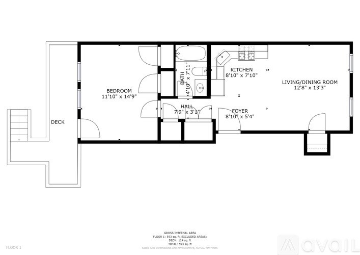 A floor plan of a one bedroom apartment with a living and dining room.