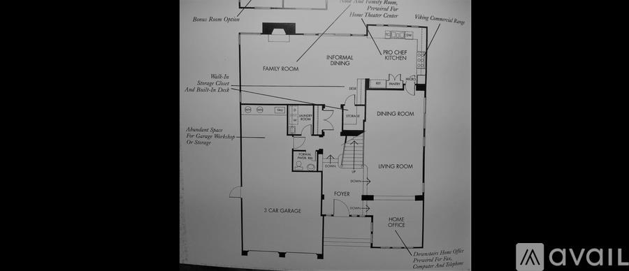 A floor plan of a house with a garage and a den.