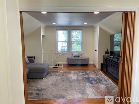 A living room with a grey couch and a rug.
