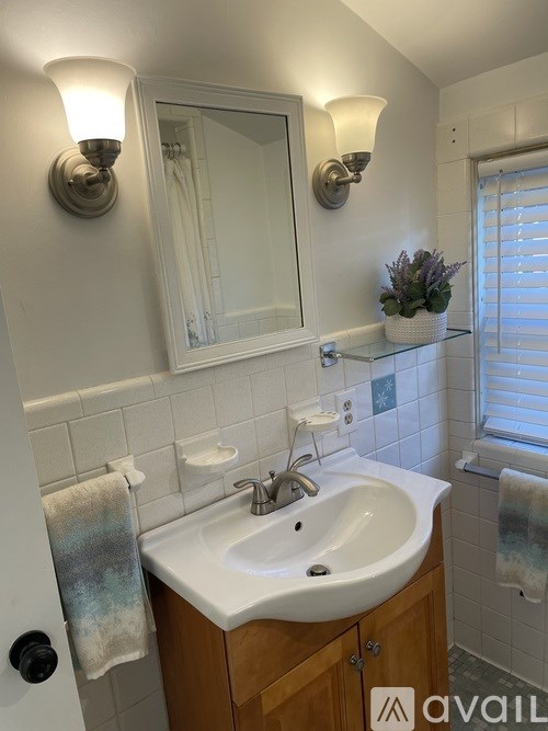 A bathroom with a white sink and a mirror above it.
