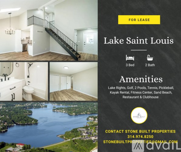 A flyer for a property for lease in Lake Saint Louis, featuring images of the interior and exterior of the amenities.