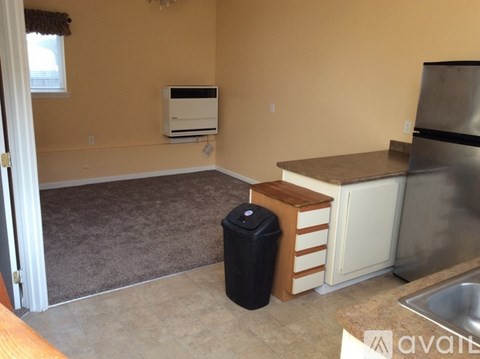 A kitchen with a stainless steel refrigerator, a sink, and a trash can.