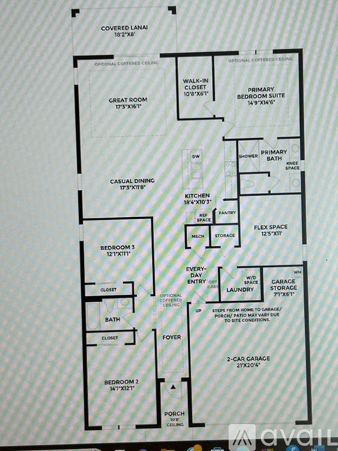 A floor plan of a house with a covered lanja, great room, casual dining area, and multiple bedrooms and bathrooms.