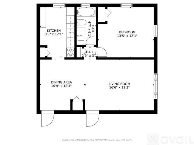 A floor plan of a house with a kitchen, dining area, living room, and two bedrooms.