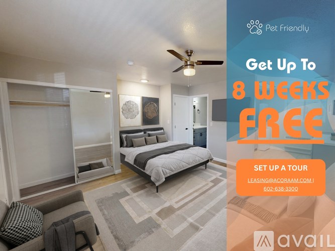 A room with a bed, a couch, and a ceiling fan is on sale for 8 weeks free.