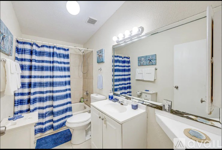 A bathroom with a blue and white shower curtain.