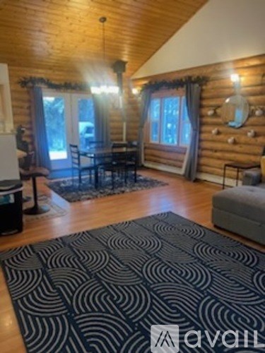 A living room with a patterned rug and wooden walls.