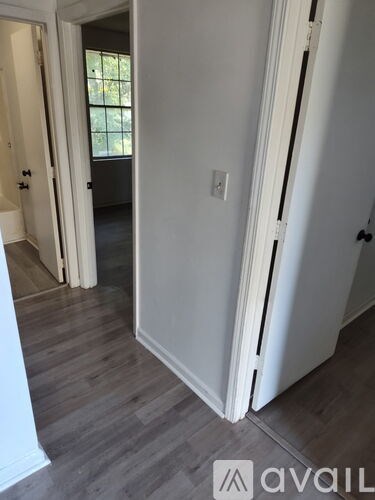 A white door is open to a hallway.