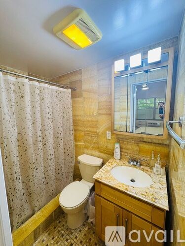 A bathroom with a toilet, sink, and shower.