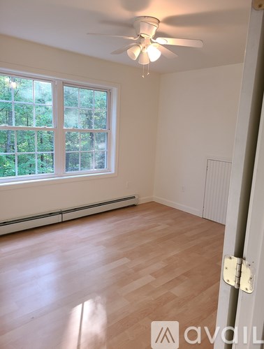 A room with a ceiling fan and a window with a view of trees.