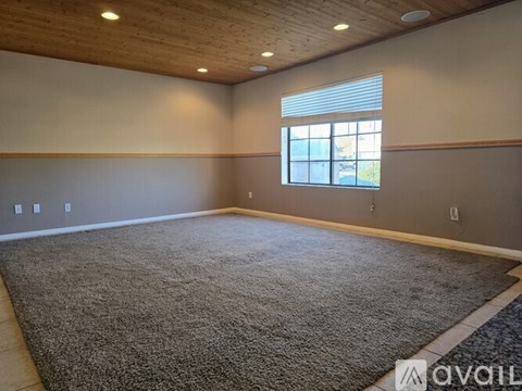 A room with a carpeted floor and a window with blinds.
