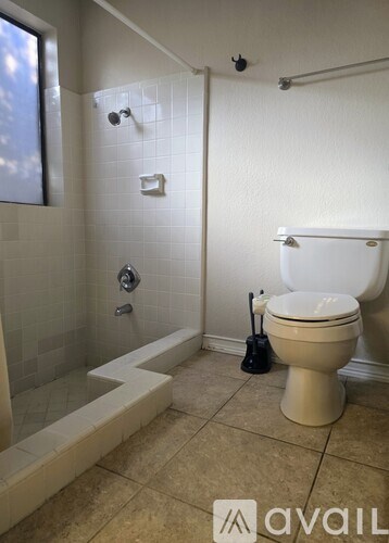 A bathroom with a toilet and a shower.