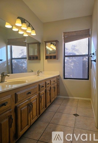 A bathroom with a sink, mirror, and wooden cabinets.