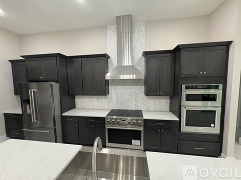 A modern kitchen with black cabinets and stainless steel appliances.