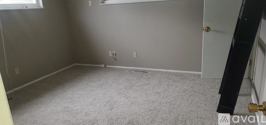 A room with a carpet floor and a white door.