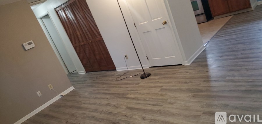 A room with a wooden floor and a white door.