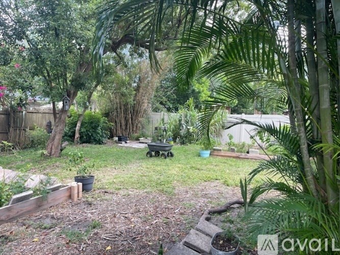 A garden with a variety of plants and a small pond.