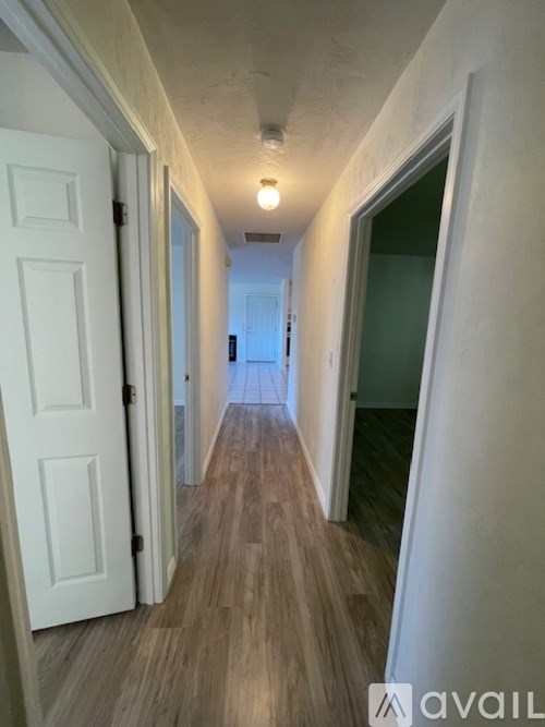 A long hallway with white doors on both sides.