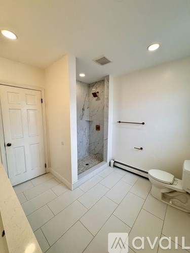 A bathroom with a toilet, sink, and walk-in shower.