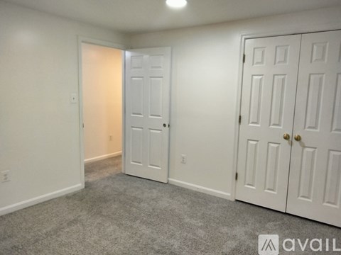 A room with two white doors and a carpeted floor.