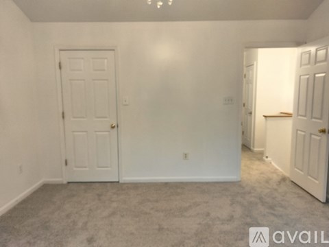 A room with two doors and a carpeted floor.