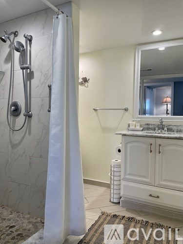 A bathroom with a white shower curtain and a white cabinet.