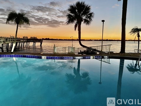 A pool with palm trees and a sunset in the background.
