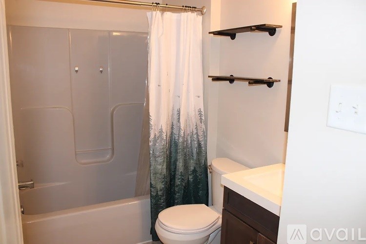 A bathroom with a toilet, a bathtub, and a shower curtain.