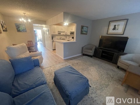A living room with a blue couch and a television.