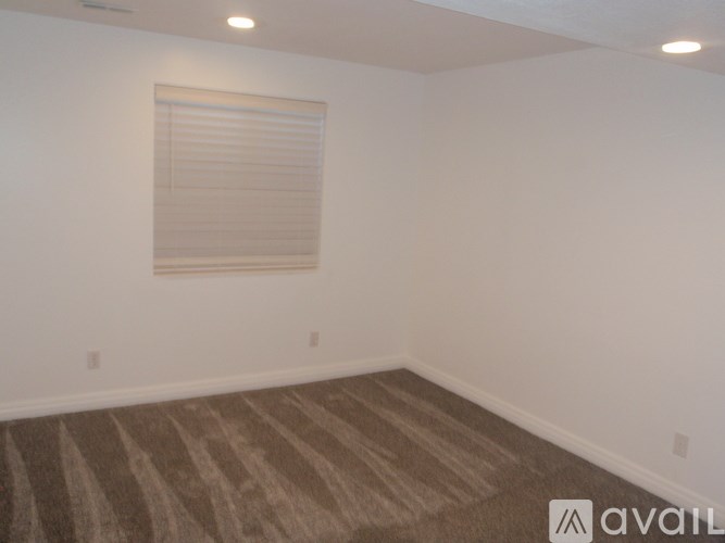 A room with a striped carpet and a window with blinds.