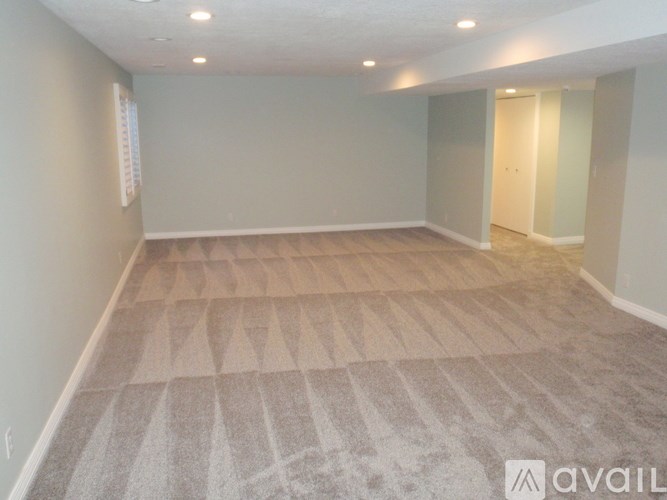 A spacious room with a carpeted floor and a window on the left side.