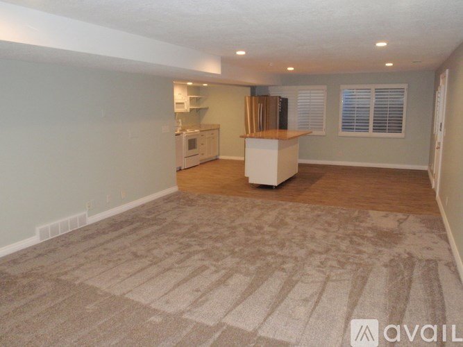 A living room with a kitchenette in the background.